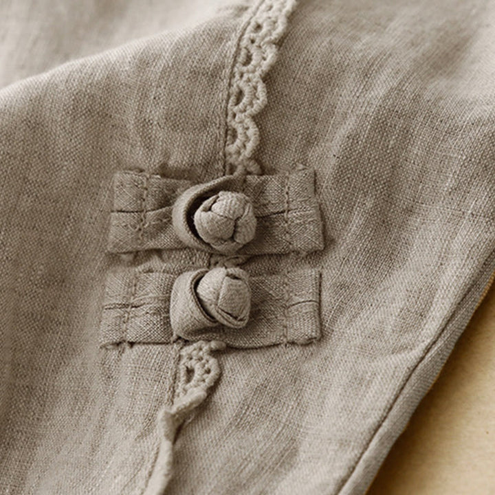 Buddha Stones Letnie Żabki-Guziki Koronkowe Wysokie Spodnie Damskie Z Lnianej Bawełny Z Kieszeniami - image 5