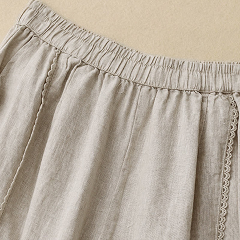 Buddha Stones Letnie Żabki-Guziki Koronkowe Wysokie Spodnie Damskie Z Lnianej Bawełny Z Kieszeniami - image 2