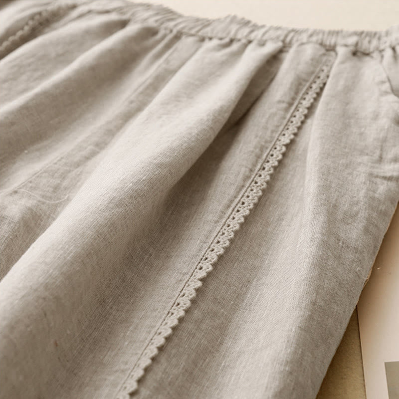 Buddha Stones Letnie Żabki-Guziki Koronkowe Wysokie Spodnie Damskie Z Lnianej Bawełny Z Kieszeniami - image 3