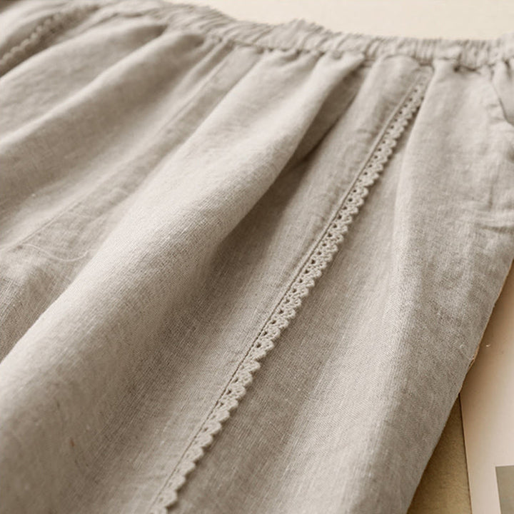 Buddha Stones Letnie Żabki-Guziki Koronkowe Wysokie Spodnie Damskie Z Lnianej Bawełny Z Kieszeniami - image 3