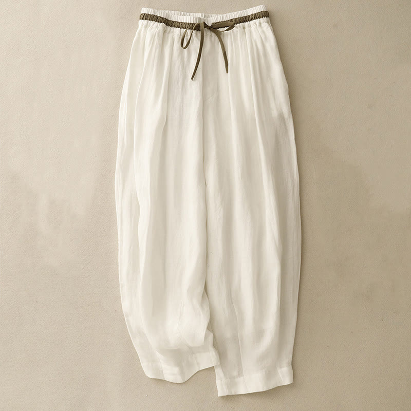 Buddha Stones, vintage, letnie, swobodne, dopasowane kolorystycznie, damskie spodnie haremowe z bawełny i lnu ze ściągaczem i kieszeniami - Biały - US8-10，UK/AU12-14，EU40-42 (2XL) - image 0
