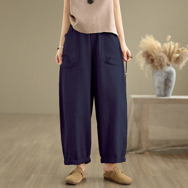 Spodnie harem damskie z bawełny i lnu z kieszeniami, codzienne, proste, z Buddha Stones, z prostym wzorem - Marynarka wojenna - US8-10，UK/AU12-14，EU40-42 (2XL) - image 11