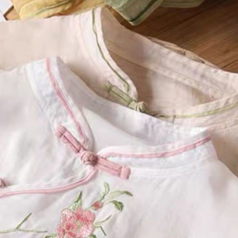 Koszula damska z bawełny i lnu z okrągłym dekoltem i haftem w stylu vintage z Buddha Stones - image 11