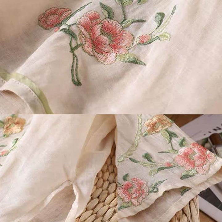 Koszula damska z bawełny i lnu z okrągłym dekoltem i haftem w stylu vintage z Buddha Stones - image 1