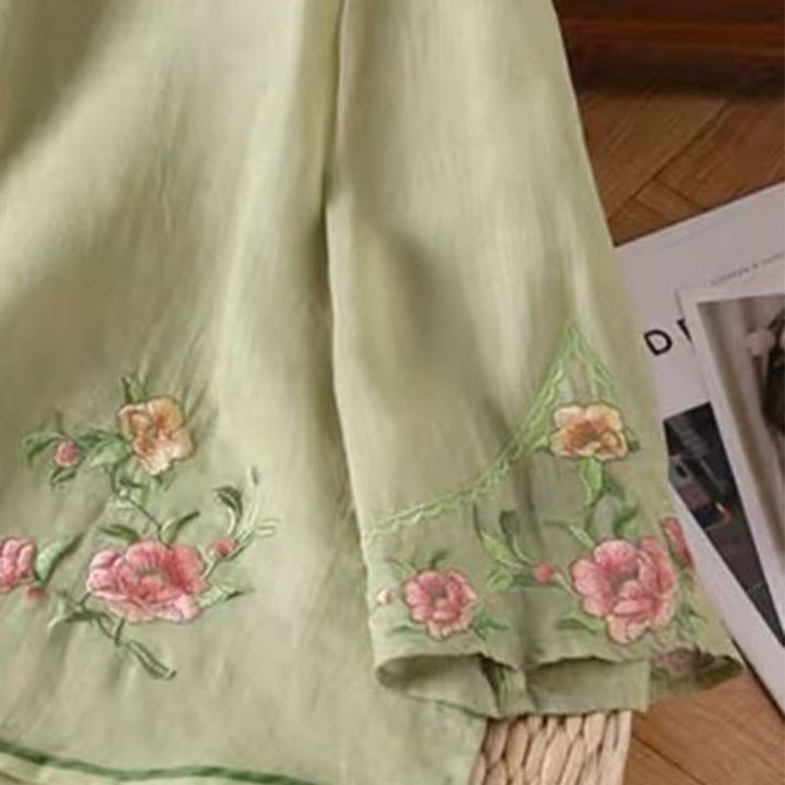 Koszula damska z bawełny i lnu z okrągłym dekoltem i haftem w stylu vintage z Buddha Stones - image 7