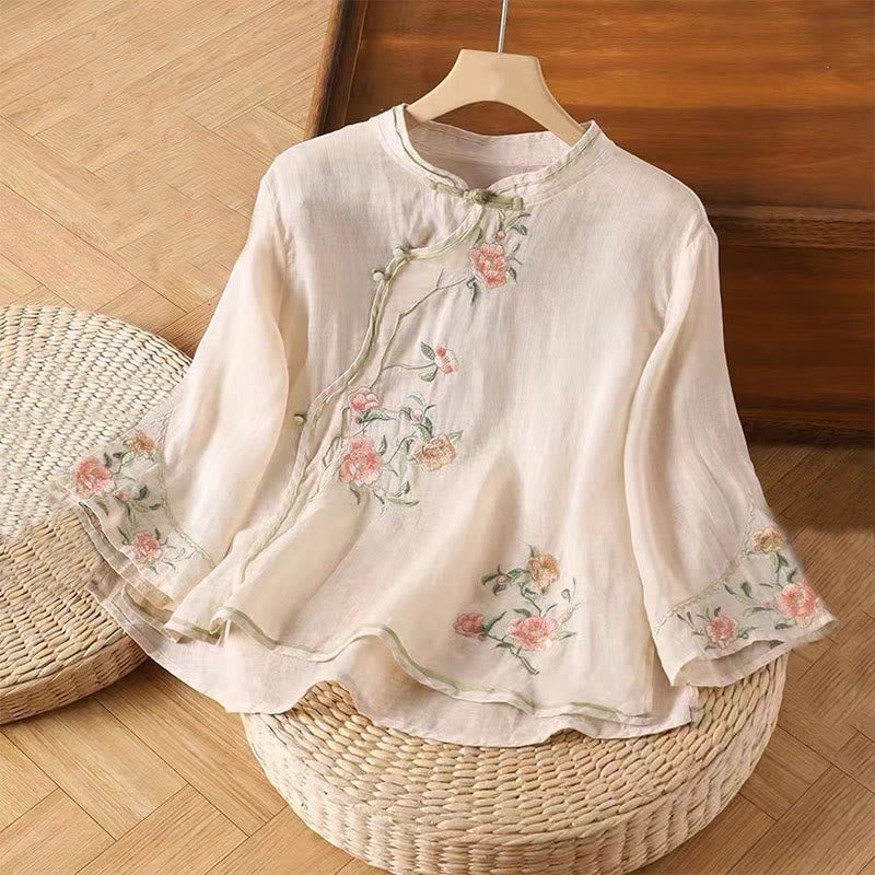 Koszula damska z bawełny i lnu z okrągłym dekoltem i haftem w stylu vintage z Buddha Stones - MistyRose - US12, UK/AU16, EU44 (3XL) - image 0