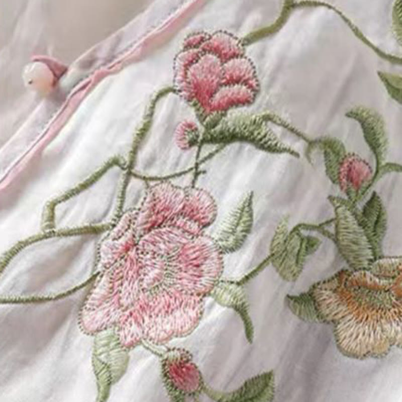 Koszula damska z bawełny i lnu z okrągłym dekoltem i haftem w stylu vintage z Buddha Stones - image 3