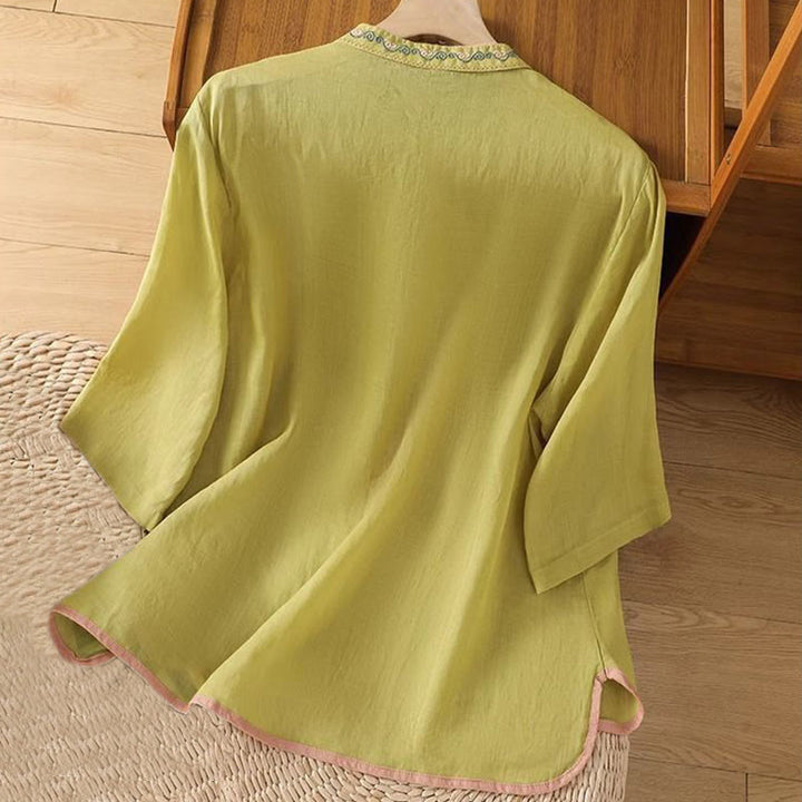 Koszula damska z bawełny i lnu z haftem kwiatowym w stylu etnicznym i kołnierzykiem ze stójką i guzikami w kształcie żaby - image 7