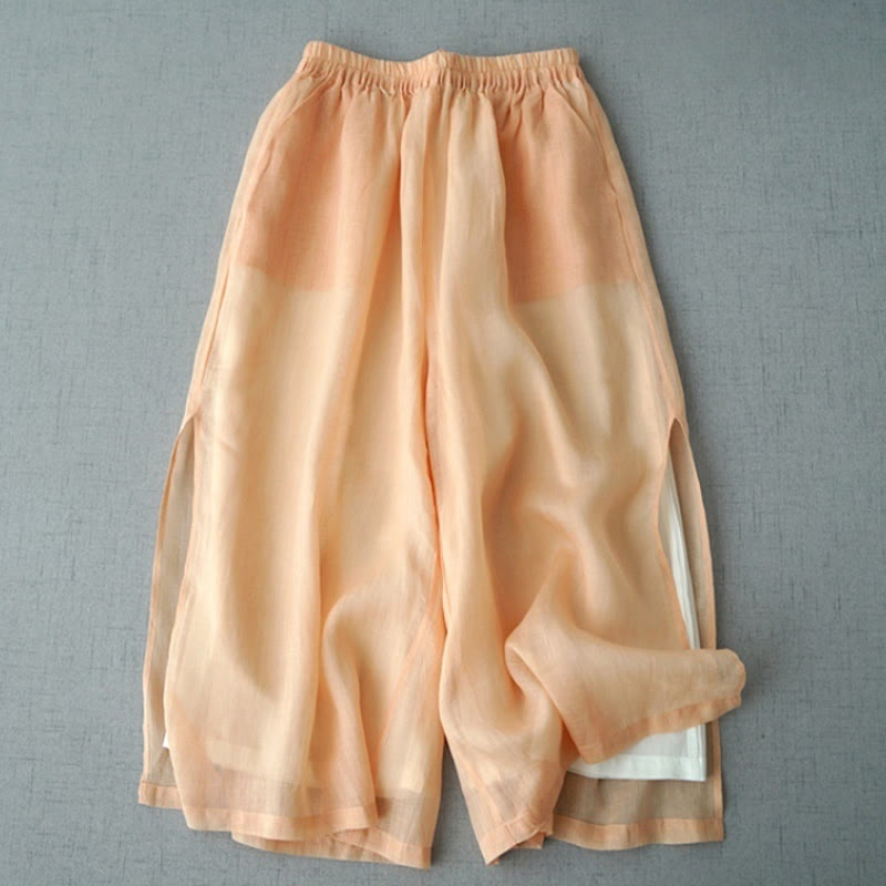 Buddha Stones Casual Plain Ramie Slit Spodnie damskie z szerokimi nogawkami i kieszeniami o długości 7-8 - Mokasyn - US8-10，UK/AU12-14，EU40-42 (2XL) - image 4