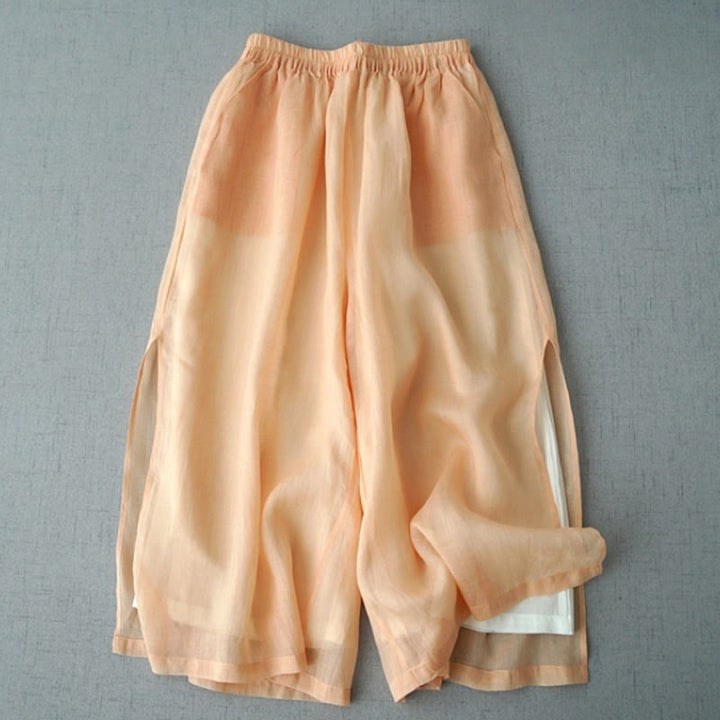 Buddha Stones Casual Plain Ramie Slit Spodnie damskie z szerokimi nogawkami i kieszeniami o długości 7-8 - Mokasyn - US8-10，UK/AU12-14，EU40-42 (2XL) - image 4