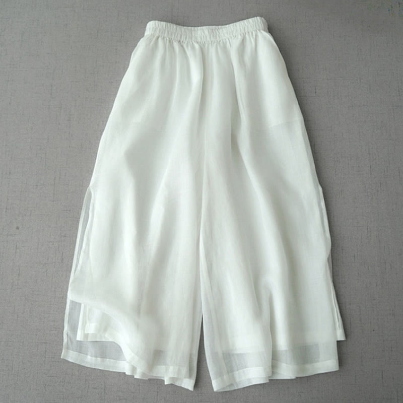 Buddha Stones Casual Plain Ramie Slit Spodnie damskie z szerokimi nogawkami i kieszeniami o długości 7-8