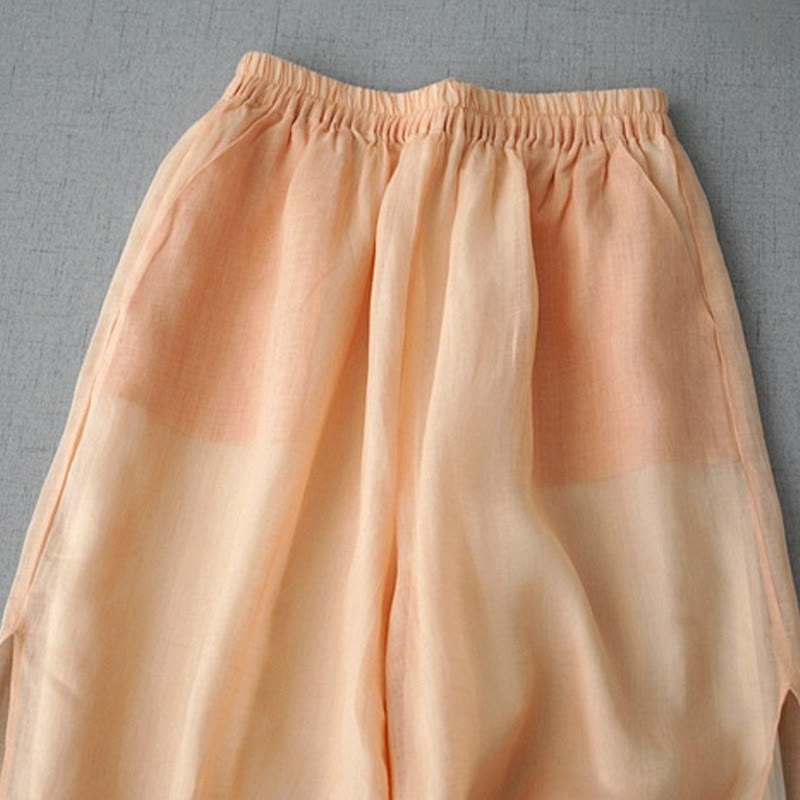 Buddha Stones Casual Plain Ramie Slit Spodnie damskie z szerokimi nogawkami i kieszeniami o długości 7-8