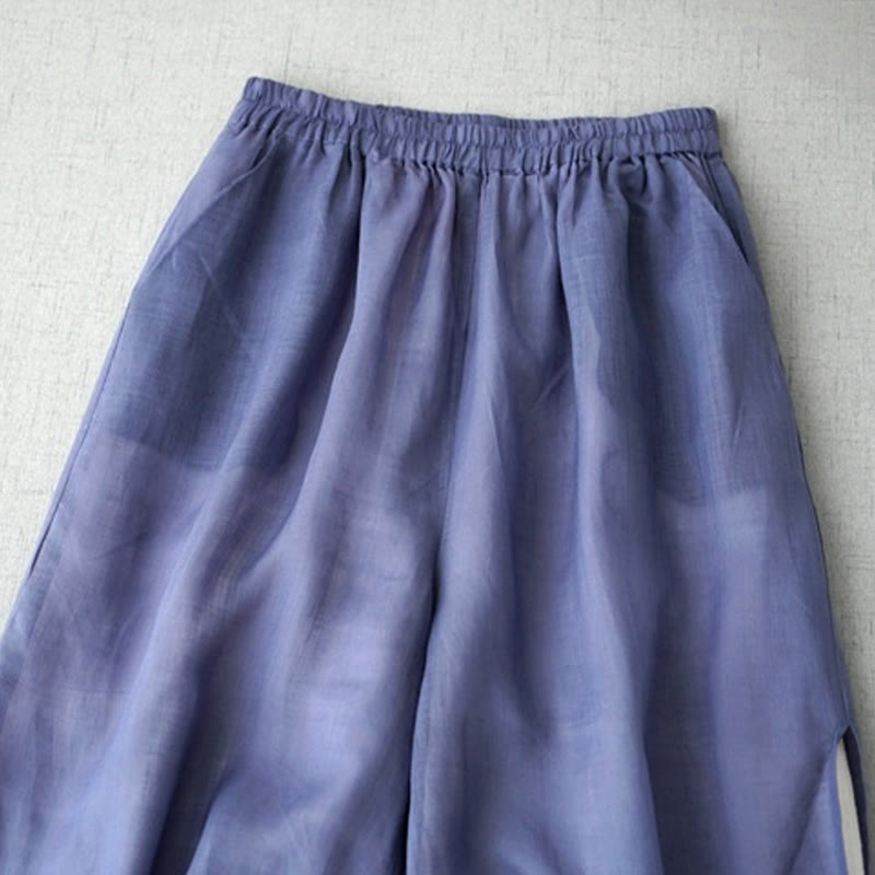 Buddha Stones Casual Plain Ramie Slit Spodnie damskie z szerokimi nogawkami i kieszeniami o długości 7-8 - image 1