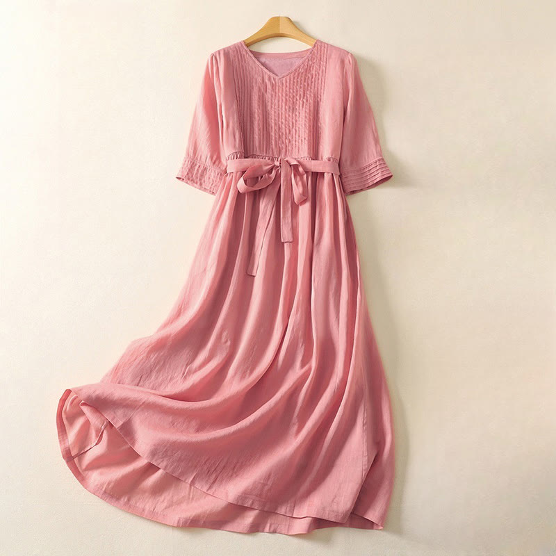 Sukienka midi damska z krótkim rękawem i plisami Buddha Stones z sznurowaniem, bawełną i lnem, z kieszeniami - MistyRose - US8-10，UK/AU12-14，EU40-42 (2XL) - image 0