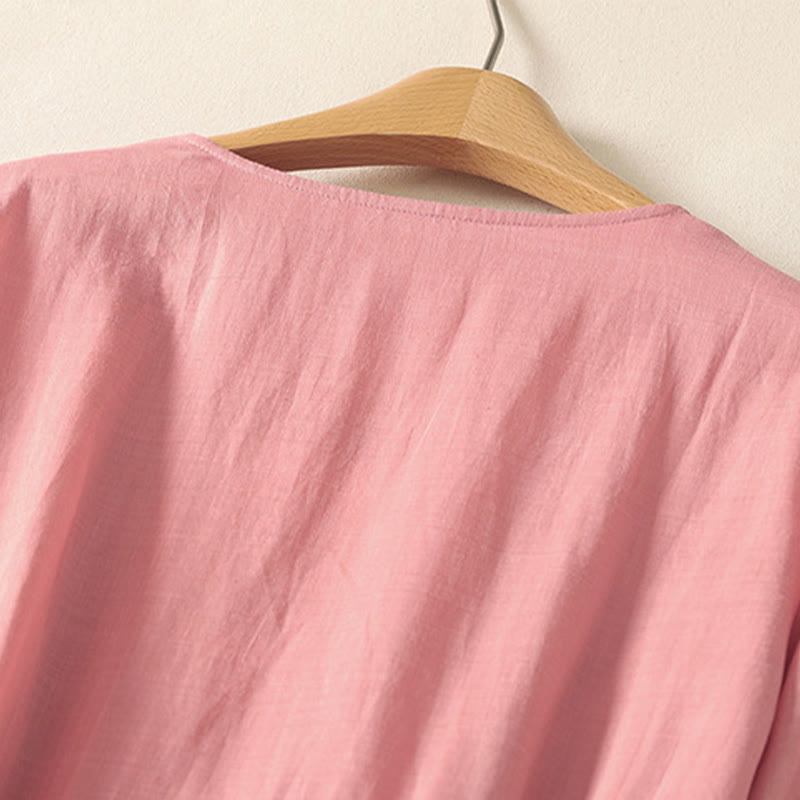 Sukienka midi damska z krótkim rękawem i plisami Buddha Stones z sznurowaniem, bawełną i lnem, z kieszeniami - image 3