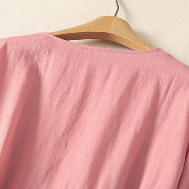 Sukienka midi damska z krótkim rękawem i plisami Buddha Stones z sznurowaniem, bawełną i lnem, z kieszeniami - image 3