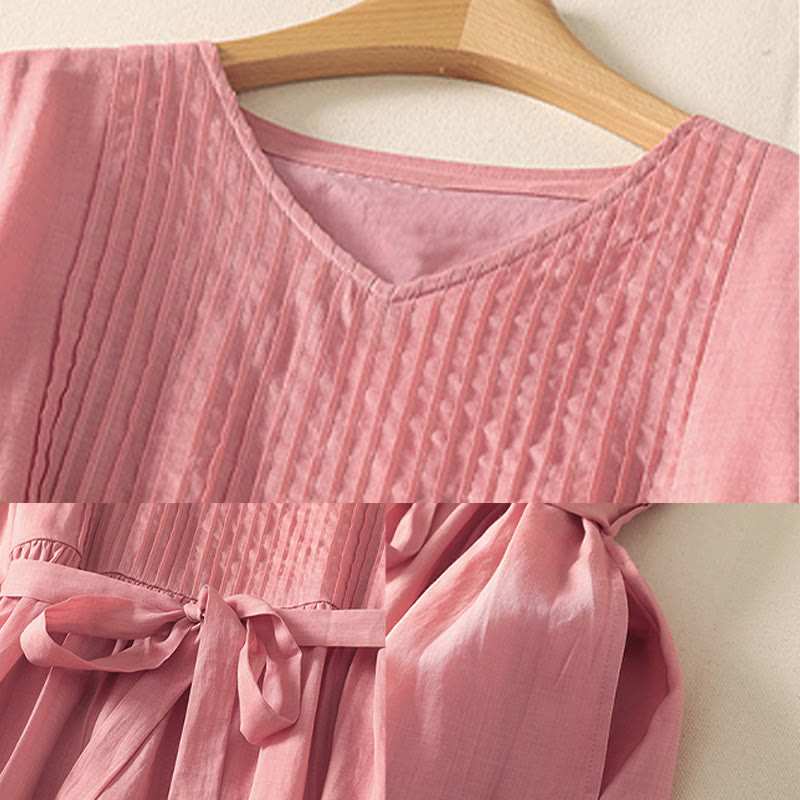 Sukienka midi damska z krótkim rękawem i plisami Buddha Stones z sznurowaniem, bawełną i lnem, z kieszeniami - image 7