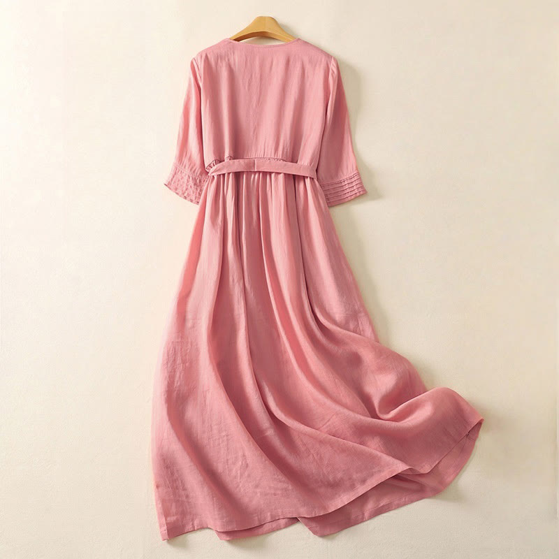 Sukienka midi damska z krótkim rękawem i plisami Buddha Stones z sznurowaniem, bawełną i lnem, z kieszeniami - image 1