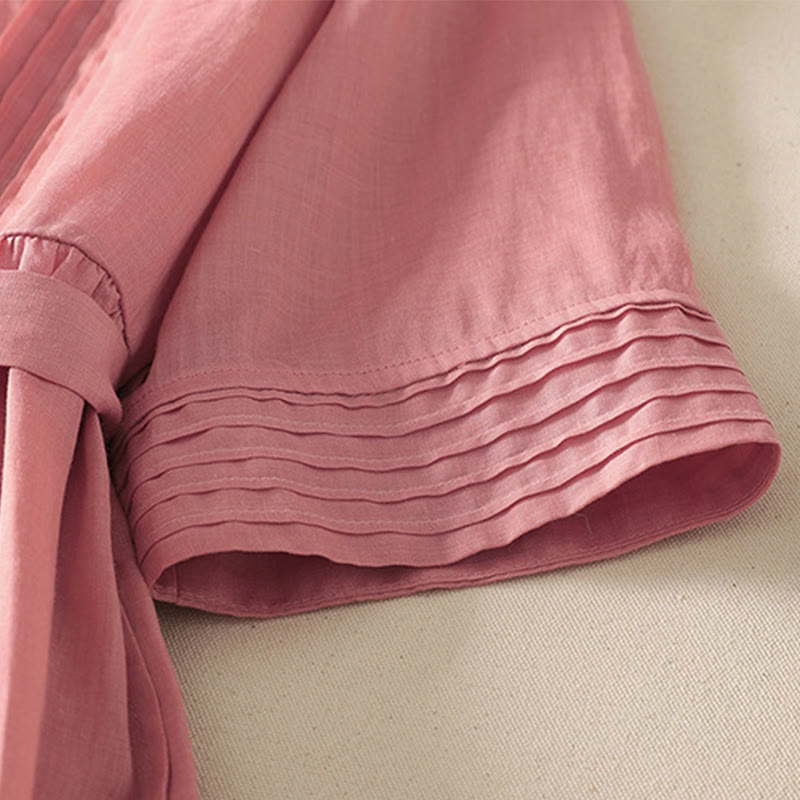 Sukienka midi damska z krótkim rękawem i plisami Buddha Stones z sznurowaniem, bawełną i lnem, z kieszeniami - image 6