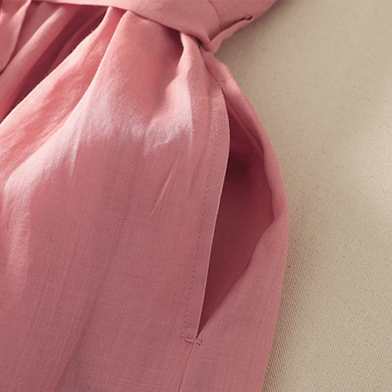 Sukienka midi damska z krótkim rękawem i plisami Buddha Stones z sznurowaniem, bawełną i lnem, z kieszeniami - image 4