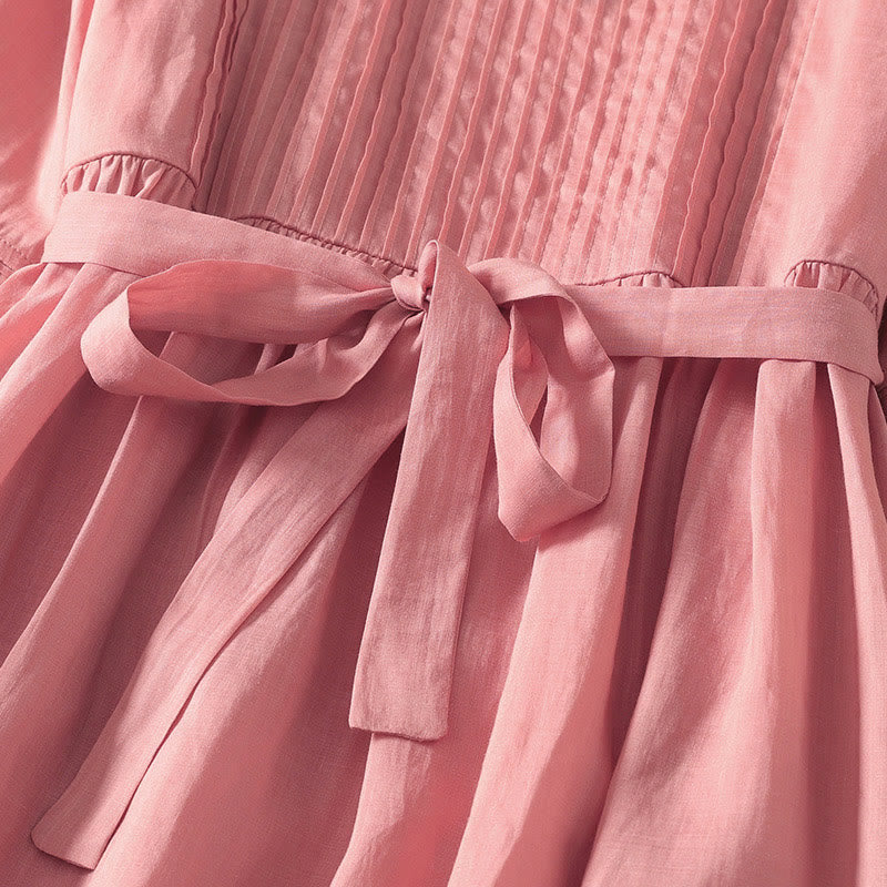 Sukienka midi damska z krótkim rękawem i plisami Buddha Stones z sznurowaniem, bawełną i lnem, z kieszeniami - image 5