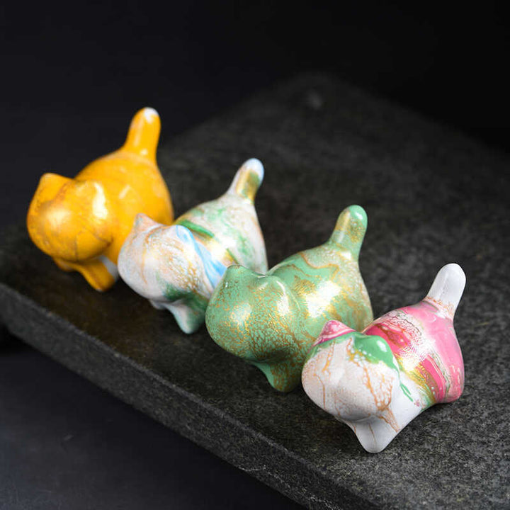 Buddha Stones Mini Uroczy Kot Drewno Hebanowe Lakier Rzemiosło Dekoracja Pokoju - image 1