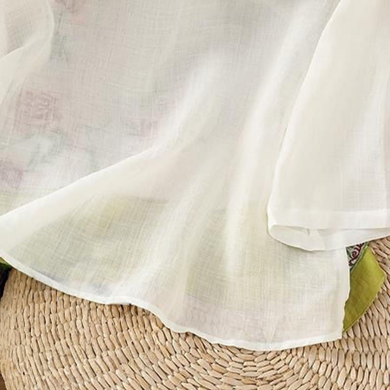 Buddha Stones Letni styl etniczny Haft kwiatowy Wzór żaby Guzik Kolor Dopasowana damska bawełniana lniana koszula z rękawem trzy czwarte - image 3