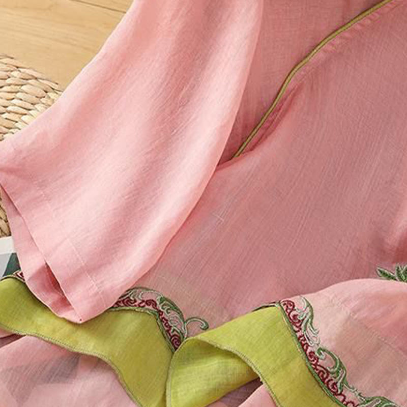 Buddha Stones Letni styl etniczny Haft kwiatowy Wzór żaby Guzik Kolor Dopasowana damska bawełniana lniana koszula z rękawem trzy czwarte - image 9