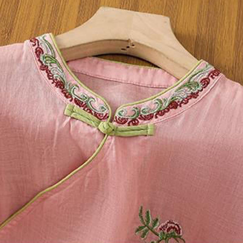 Buddha Stones Letni styl etniczny Haft kwiatowy Wzór żaby Guzik Kolor Dopasowana damska bawełniana lniana koszula z rękawem trzy czwarte - image 6