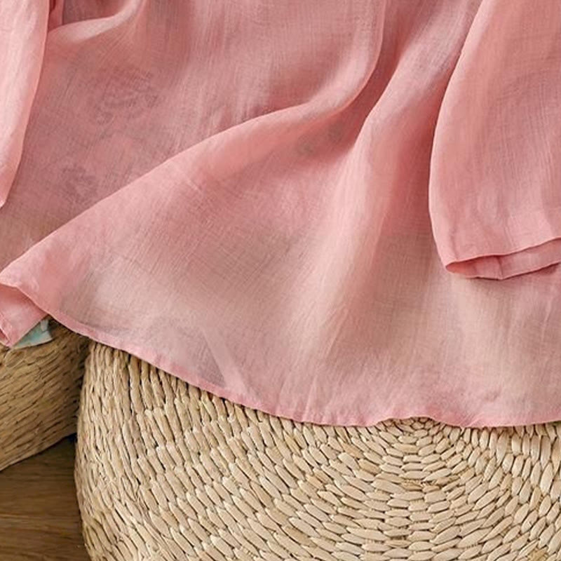 Buddha Stones Letni styl etniczny Haft kwiatowy Wzór żaby Guzik Kolor Dopasowana damska bawełniana lniana koszula z rękawem trzy czwarte - image 10