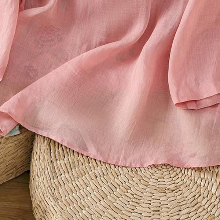 Buddha Stones Letni styl etniczny Haft kwiatowy Wzór żaby Guzik Kolor Dopasowana damska bawełniana lniana koszula z rękawem trzy czwarte - image 10