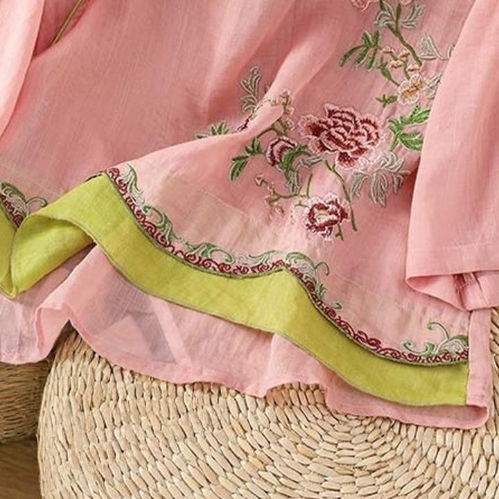 Buddha Stones Letni styl etniczny Haft kwiatowy Wzór żaby Guzik Kolor Dopasowana damska bawełniana lniana koszula z rękawem trzy czwarte - image 8