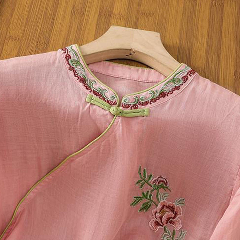 Buddha Stones Letni styl etniczny Haft kwiatowy Wzór żaby Guzik Kolor Dopasowana damska bawełniana lniana koszula z rękawem trzy czwarte - image 5