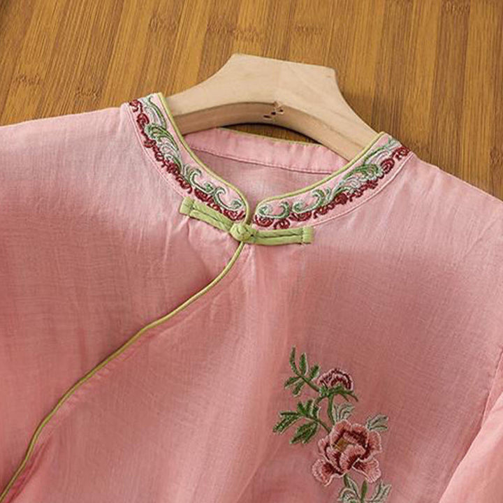 Buddha Stones Letni styl etniczny Haft kwiatowy Wzór żaby Guzik Kolor Dopasowana damska bawełniana lniana koszula z rękawem trzy czwarte - image 5