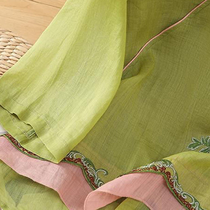 Buddha Stones Letni styl etniczny Haft kwiatowy Wzór żaby Guzik Kolor Dopasowana damska bawełniana lniana koszula z rękawem trzy czwarte - image 15