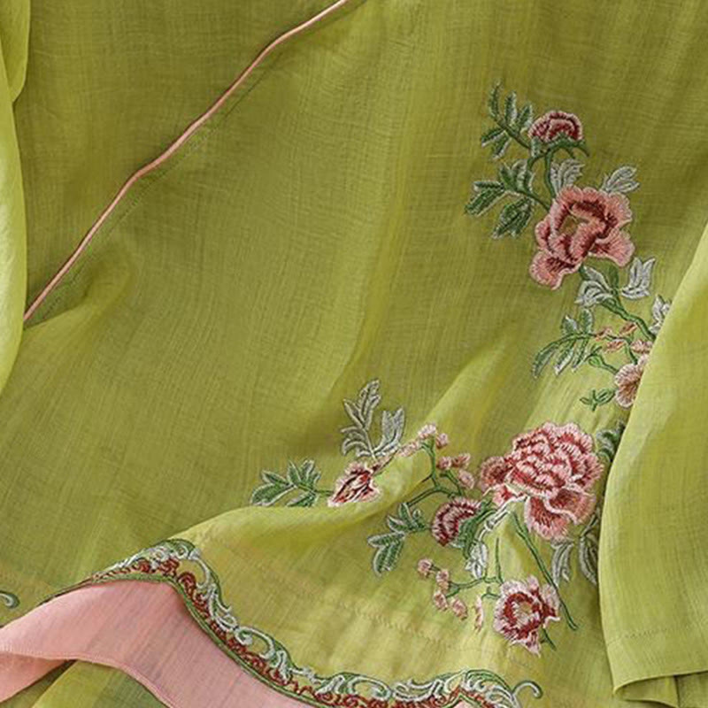 Buddha Stones Letni styl etniczny Haft kwiatowy Wzór żaby Guzik Kolor Dopasowana damska bawełniana lniana koszula z rękawem trzy czwarte - image 14