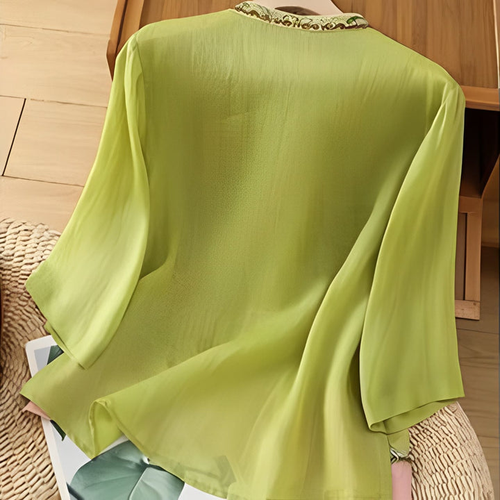 Buddha Stones Letni styl etniczny Haft kwiatowy Wzór żaby Guzik Kolor Dopasowana damska bawełniana lniana koszula z rękawem trzy czwarte - image 13