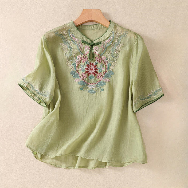 Koszula damska z krótkim rękawem i bawełnianym lnem Buddha Stones Casual Retro haftowana żaba-guzik - Jasnozielony - US12, UK/AU16, EU44 (4XL) - image 2