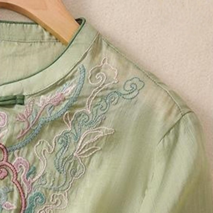 Koszula damska z krótkim rękawem i bawełnianym lnem Buddha Stones Casual Retro haftowana żaba-guzik - image 4