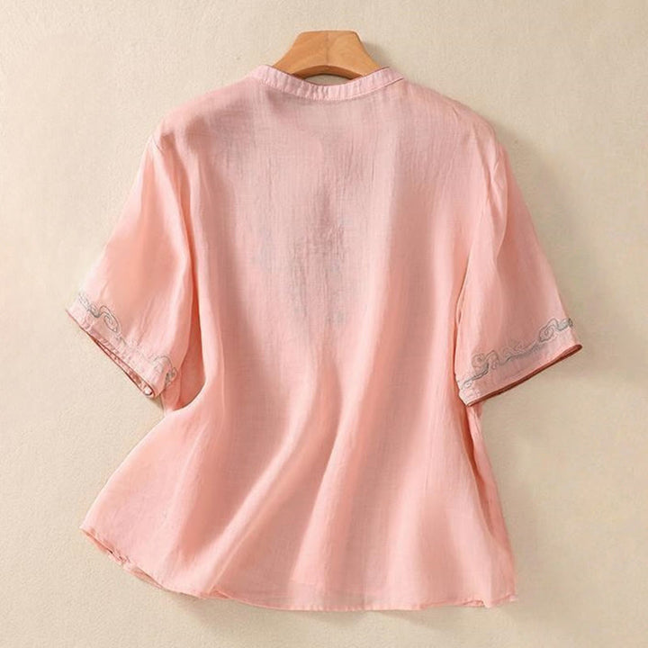 Koszula damska z krótkim rękawem i bawełnianym lnem Buddha Stones Casual Retro haftowana żaba-guzik - image 6