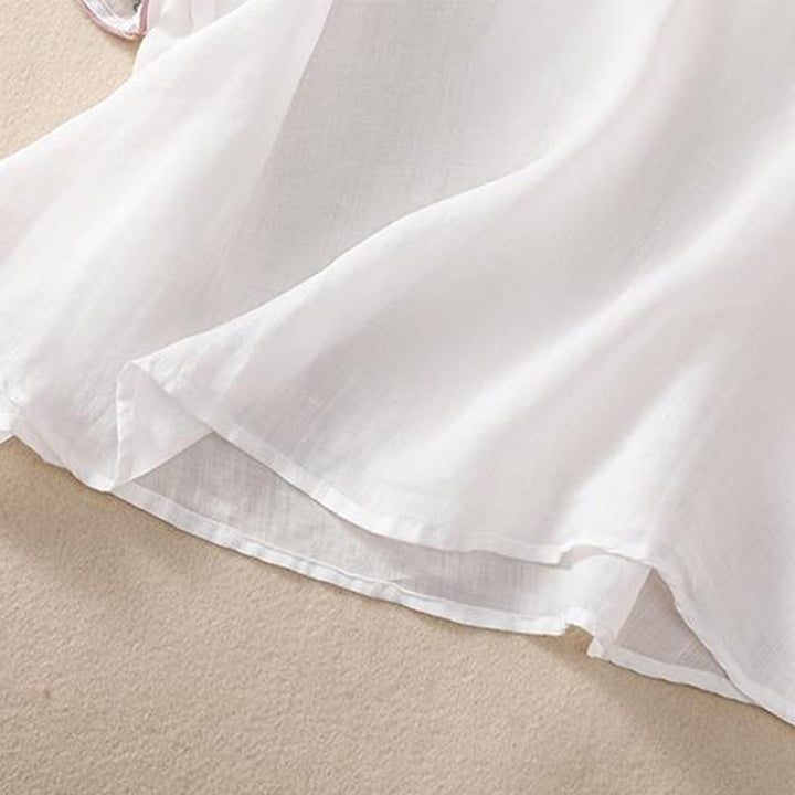 Koszula damska z krótkim rękawem i bawełnianym lnem Buddha Stones Casual Retro haftowana żaba-guzik - image 16