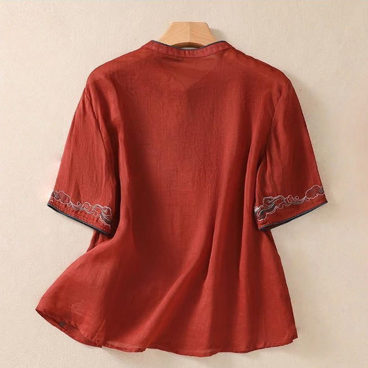 Koszula damska z krótkim rękawem i bawełnianym lnem Buddha Stones Casual Retro haftowana żaba-guzik - image 18