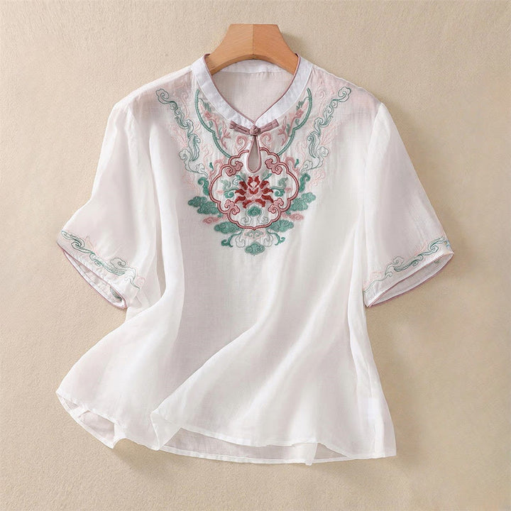 Koszula damska z krótkim rękawem i bawełnianym lnem Buddha Stones Casual Retro haftowana żaba-guzik - Biały - US12, UK/AU16, EU44 (4XL) - image 12