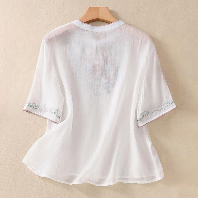 Koszula damska z krótkim rękawem i bawełnianym lnem Buddha Stones Casual Retro haftowana żaba-guzik - image 13