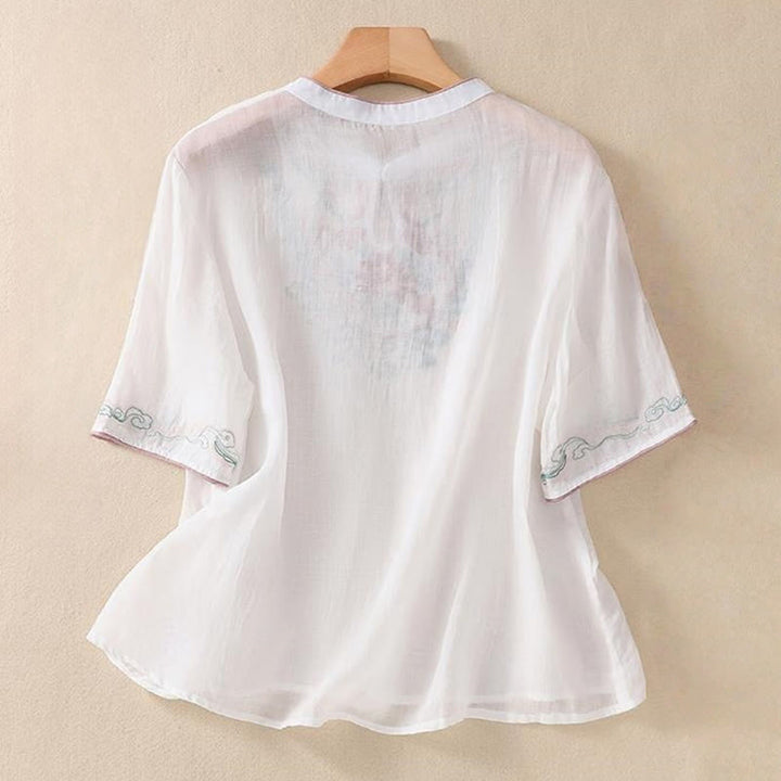 Koszula damska z krótkim rękawem i bawełnianym lnem Buddha Stones Casual Retro haftowana żaba-guzik - image 13