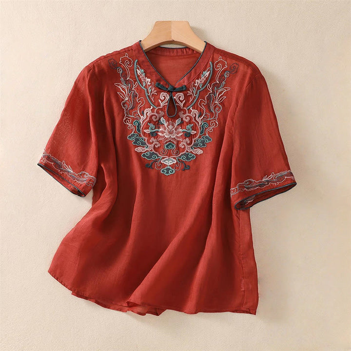 Koszula damska z krótkim rękawem i bawełnianym lnem Buddha Stones Casual Retro haftowana żaba-guzik - Cegła ogniotrwała - US12, UK/AU16, EU44 (4XL) - image 17