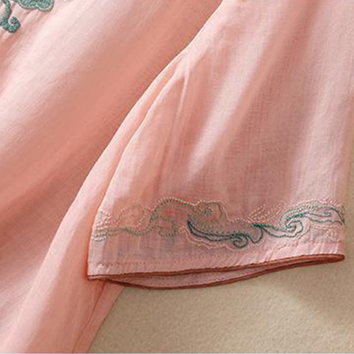 Koszula damska z krótkim rękawem i bawełnianym lnem Buddha Stones Casual Retro haftowana żaba-guzik - image 8