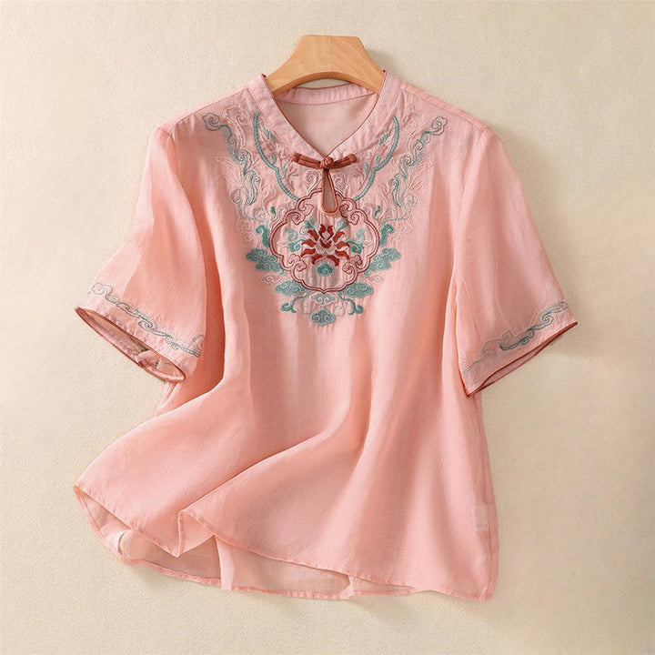 Koszula damska z krótkim rękawem i bawełnianym lnem Buddha Stones Casual Retro haftowana żaba-guzik - LightSalmon - US12, UK/AU16, EU44 (4XL) - image 5