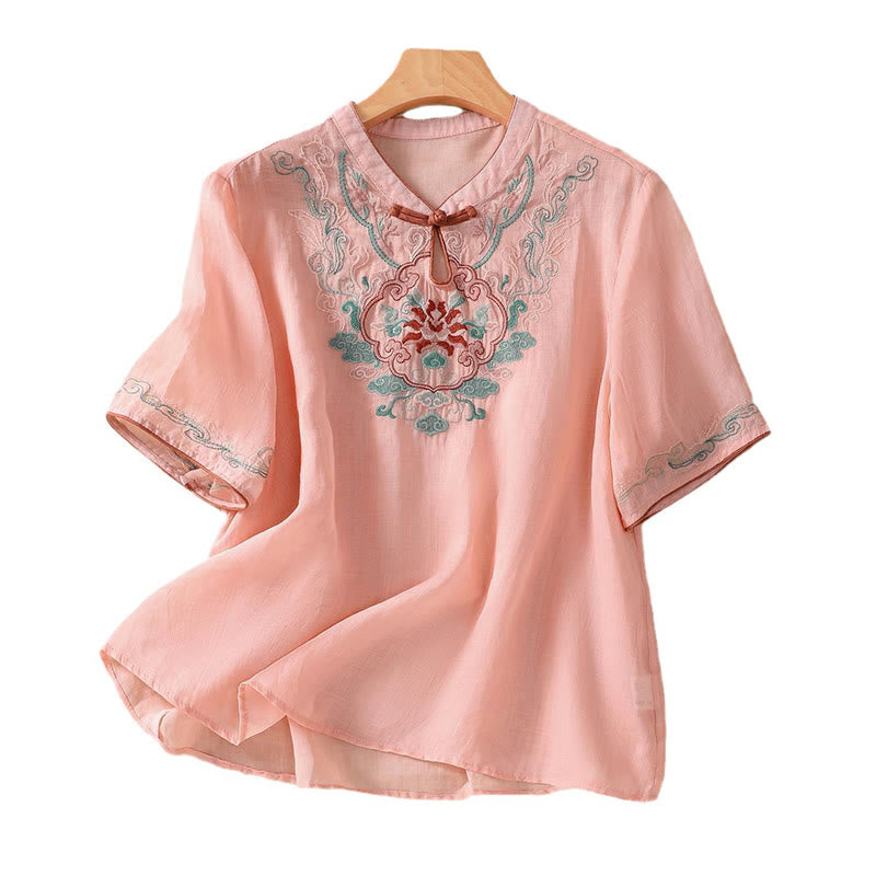 Koszula damska z krótkim rękawem i bawełnianym lnem Buddha Stones Casual Retro haftowana żaba-guzik - image 11