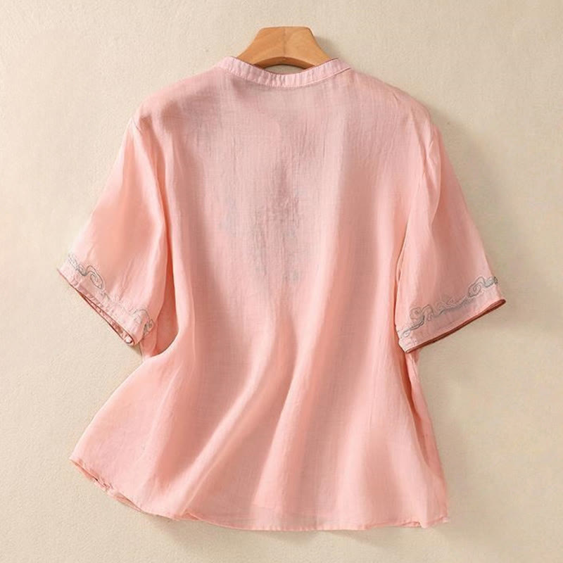 Koszula damska z krótkim rękawem i bawełnianym lnem Buddha Stones Casual Retro haftowana żaba-guzik - image 6